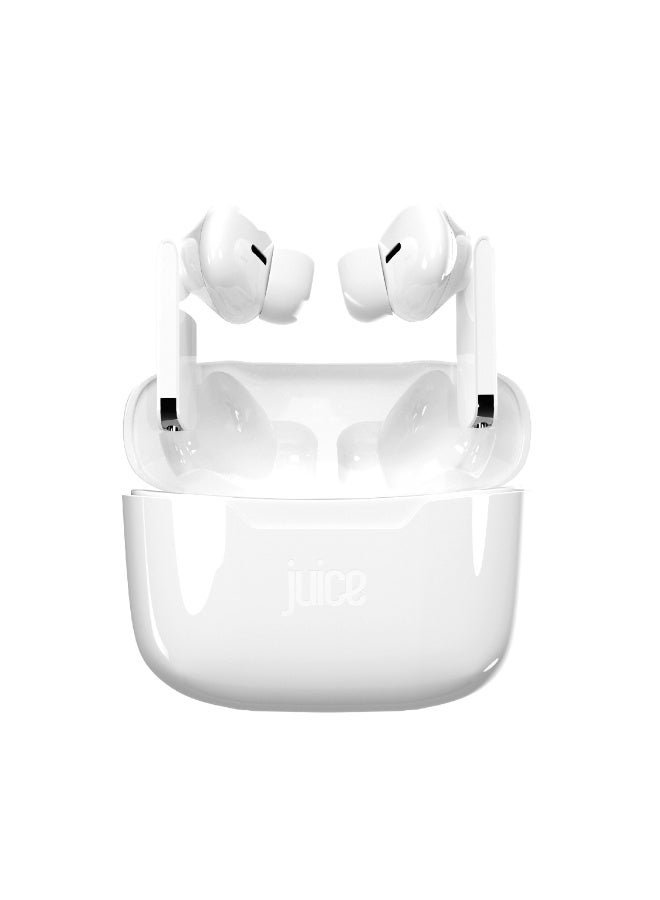JUICE Airphones Wireless Earbuds, Stylish Design Earphones, Tiny, Lightweight Comfort, Smart Noise Cancelling, Clear Sound, IPX4, Touch Control, Bluetooth 5, 1Hr Fast Charging wireless Earphone - White